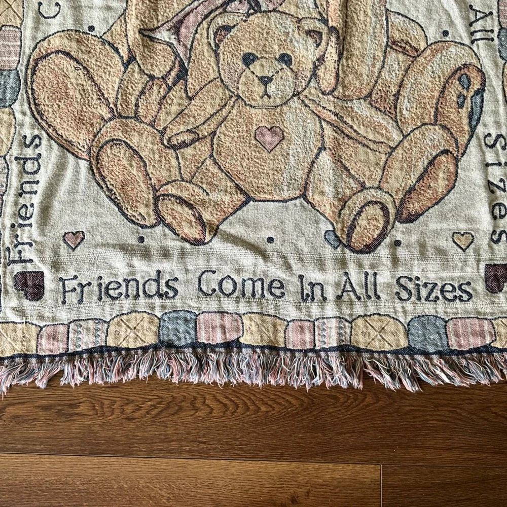 Vintage 1993 Priscilla Hillman Teddy Bear Woven Tapestry Throw Blanket 46x68